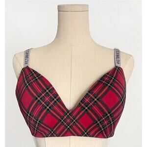 Victorias Secret Plaid T-Shirt Bra 38D Red Lightly Lined Wireless Molded Comfort